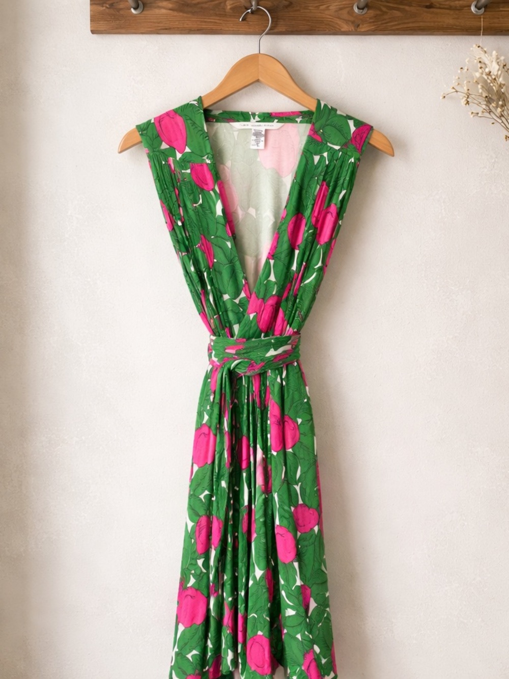 Diane Von Furstenberg Green Midi Dress with Pink Floral Print